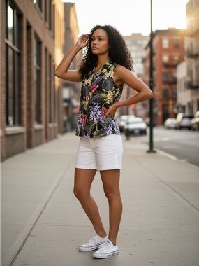 Colorful Sleeveless Floral Button Front Top Black Multi. Arm to arm 20” Hem 22”